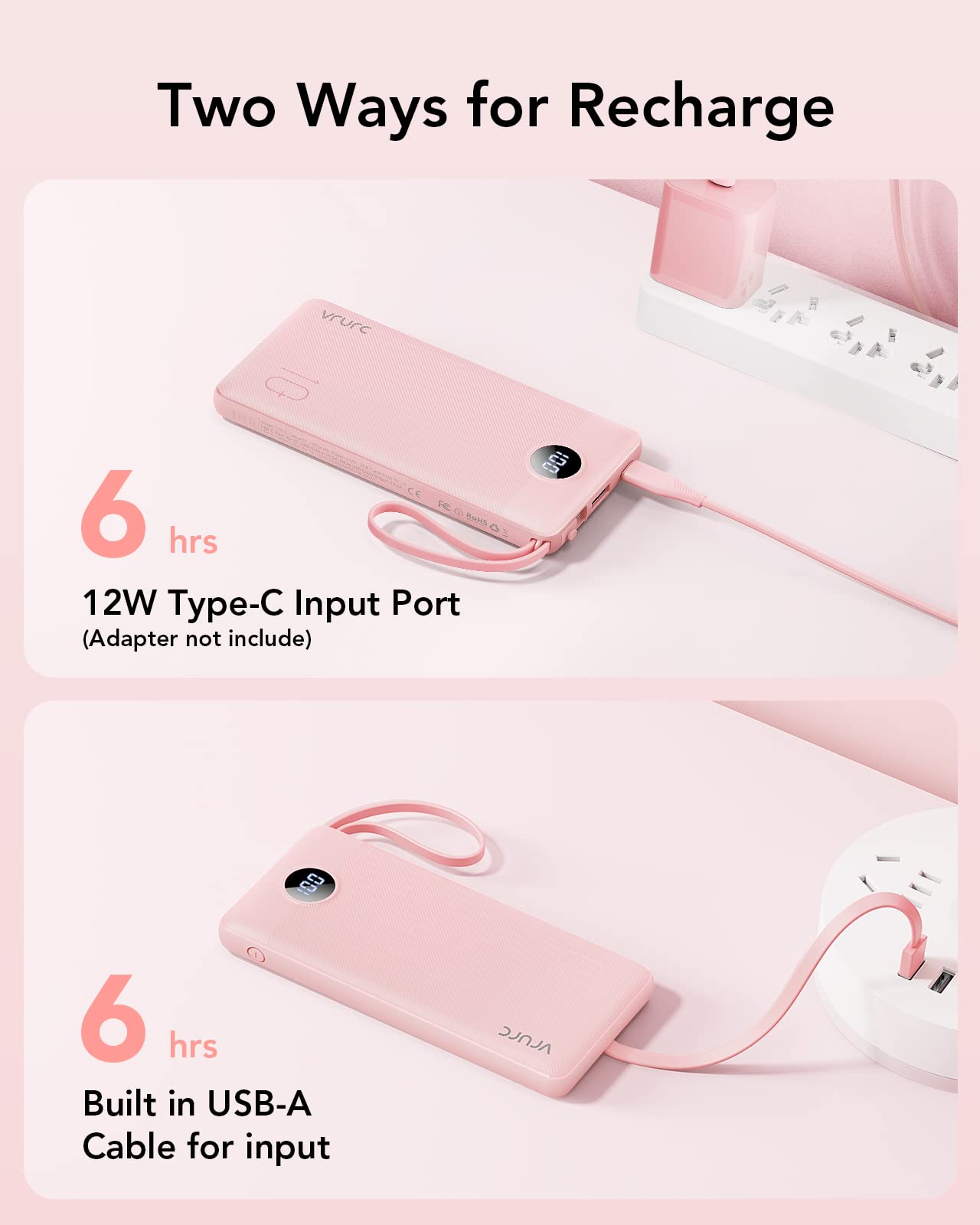 VRURC Portable Charger 10000mAh, Slim LED Display Power Bank, 5 Output 2 Input Cell Phone Battery Pack, Built-in Micro & USB C Cables Phone Charger Compatible with iPhone,Samsung,Android-Pink(1 Pack)