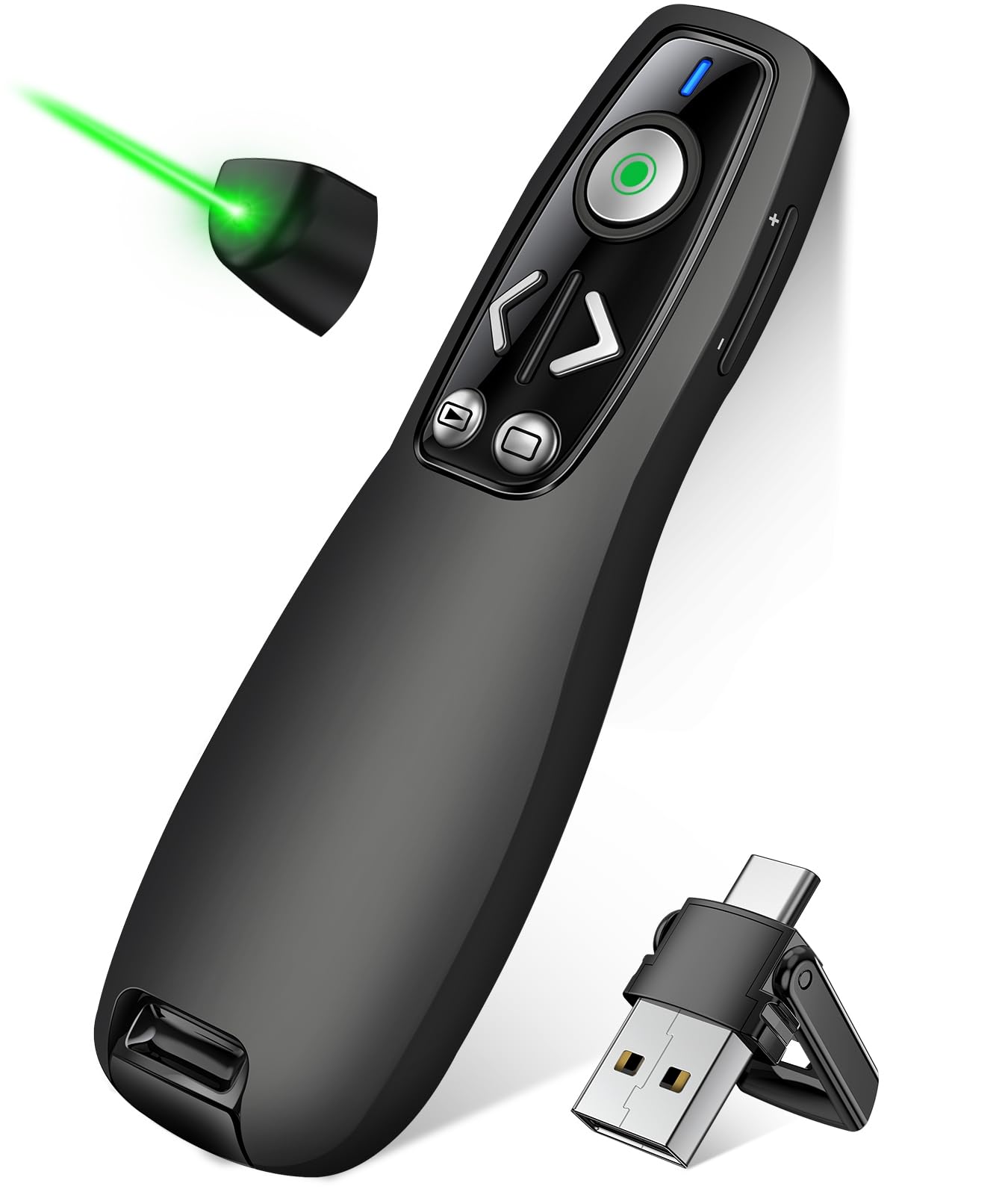 3-in-1 USB Type C Presentation Clicker Wireless Presenter Remote with Green Light for PowerPoint, Powerpoint Clicker with Volume Control PowerPoint Slide Advancer for Mac, Computer, Laptop