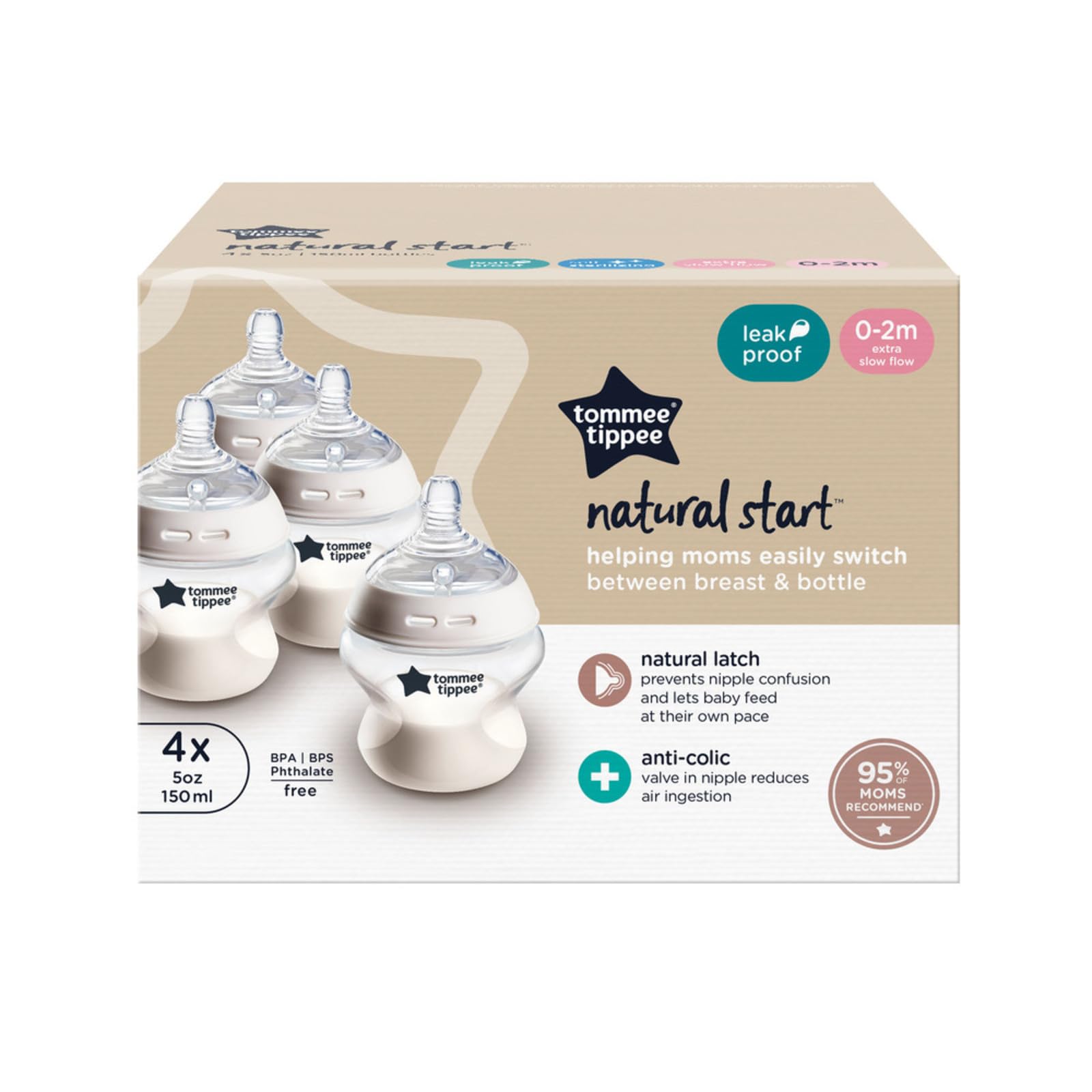 Tommee Tippee Baby Bottles, Natural Start Anti-Colic Baby Bottle with Slow Flow Breast-Like Nipple, 5oz, 0m+, Self-Sterilizing, Baby Feeding Essentials, Pack of 4