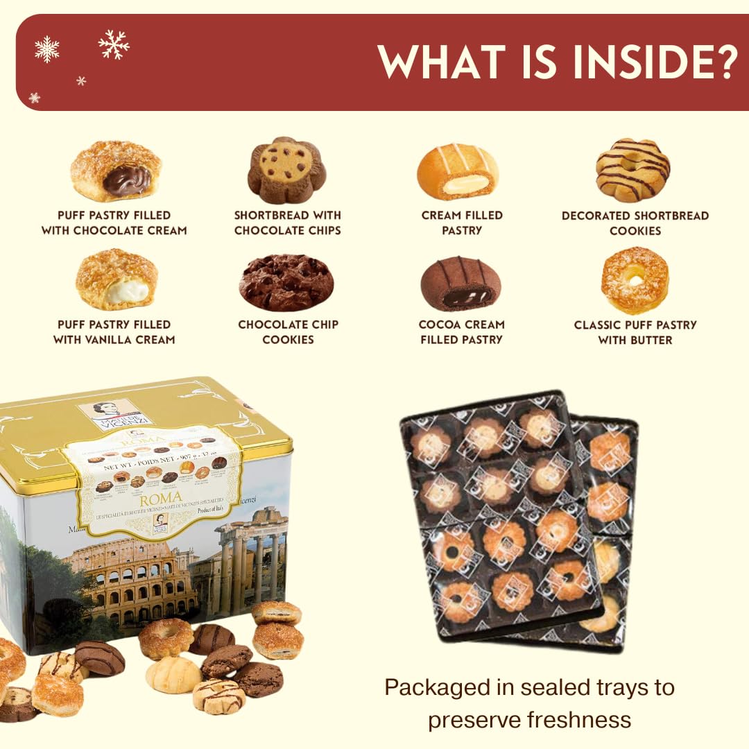 Matilde Vicenzi Roma Cookie Tin - Italian Pastries & Bakery Cookies in Individually Wrapped Trays - Bakery Dessert Gifts - Puff Pastry, Assorted Cookies in Italian Design Gift Tin 32oz (907g)