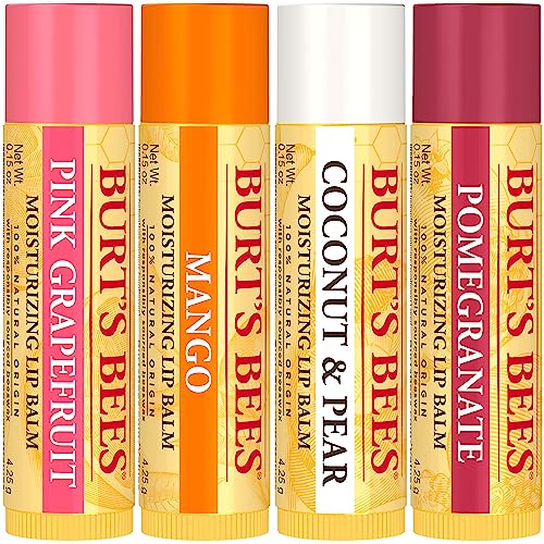 Burt's Bees Lip Balm Stocking Stuffers, Moisturizing Lip Care Christmas Gifts, SuperFruit - Pomegranate, Coconut & Pear, Mango, Pink Grapefruit, Natural Origin Treatment (4-Pack)