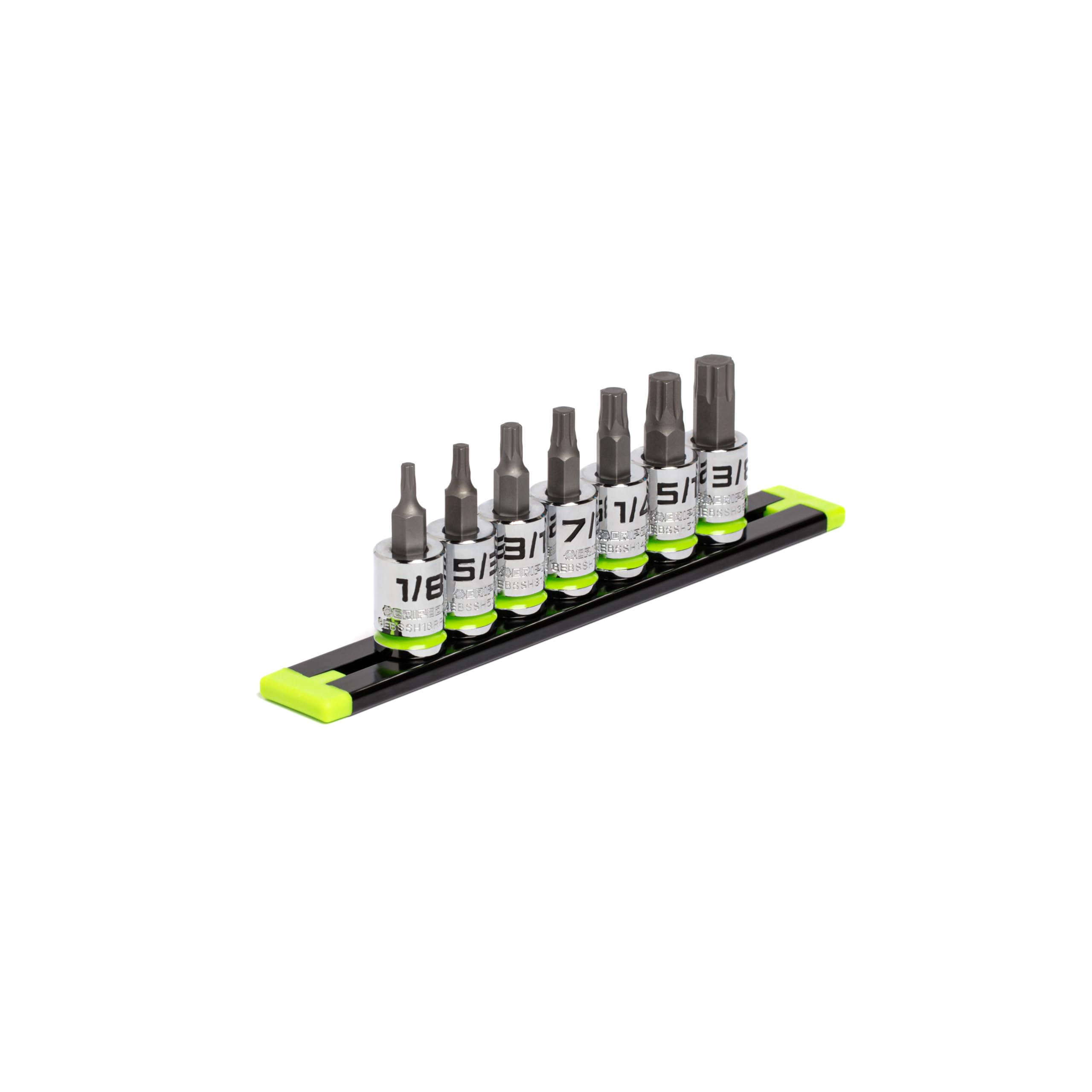 GRIPEDGE HEX Bit Socket Set | 7-PC - 3/8'' Drive Short SAE RPT Hex Driver Set | Sizes 1/8'' - 3/8'' | Made With S2 Steel | Includes Premium Aluminum Storage Rail |