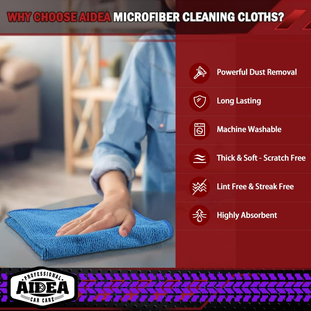 AIDEA Microfiber Cleaning Cloths, 50PK, Microfiber Towels for Cars, Premium All Purpose Car Cloth, Dusting Cloth Cleaning Rags, Absorbent Microfiber Cloth for SUVs, House, Kitchen, Window, 12"×12"