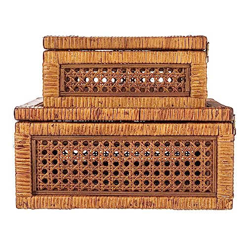 Creative Co-Op Modern Decorative Rectangle Woven Rattan and Wood Display Boxes with Glass Top, Set of 2 Sizes, Dark Brown Finish, Rectangular