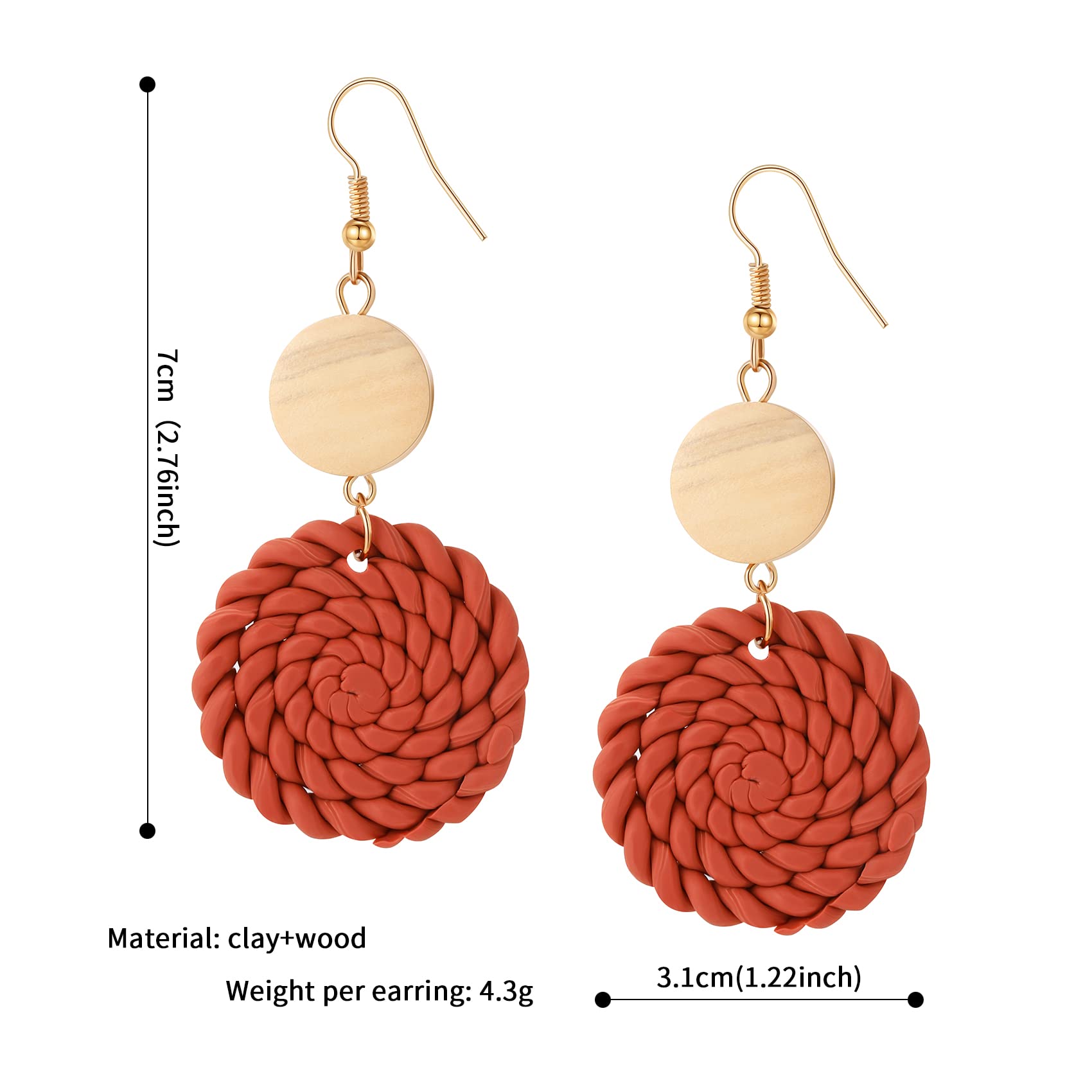 PWUEITR Clay Dangle Earrings Handmade Braided Rattan Earrings Round Square Heart Earrings Vintage Drop Earrings Jewelry Gift for Women,Round 7cm