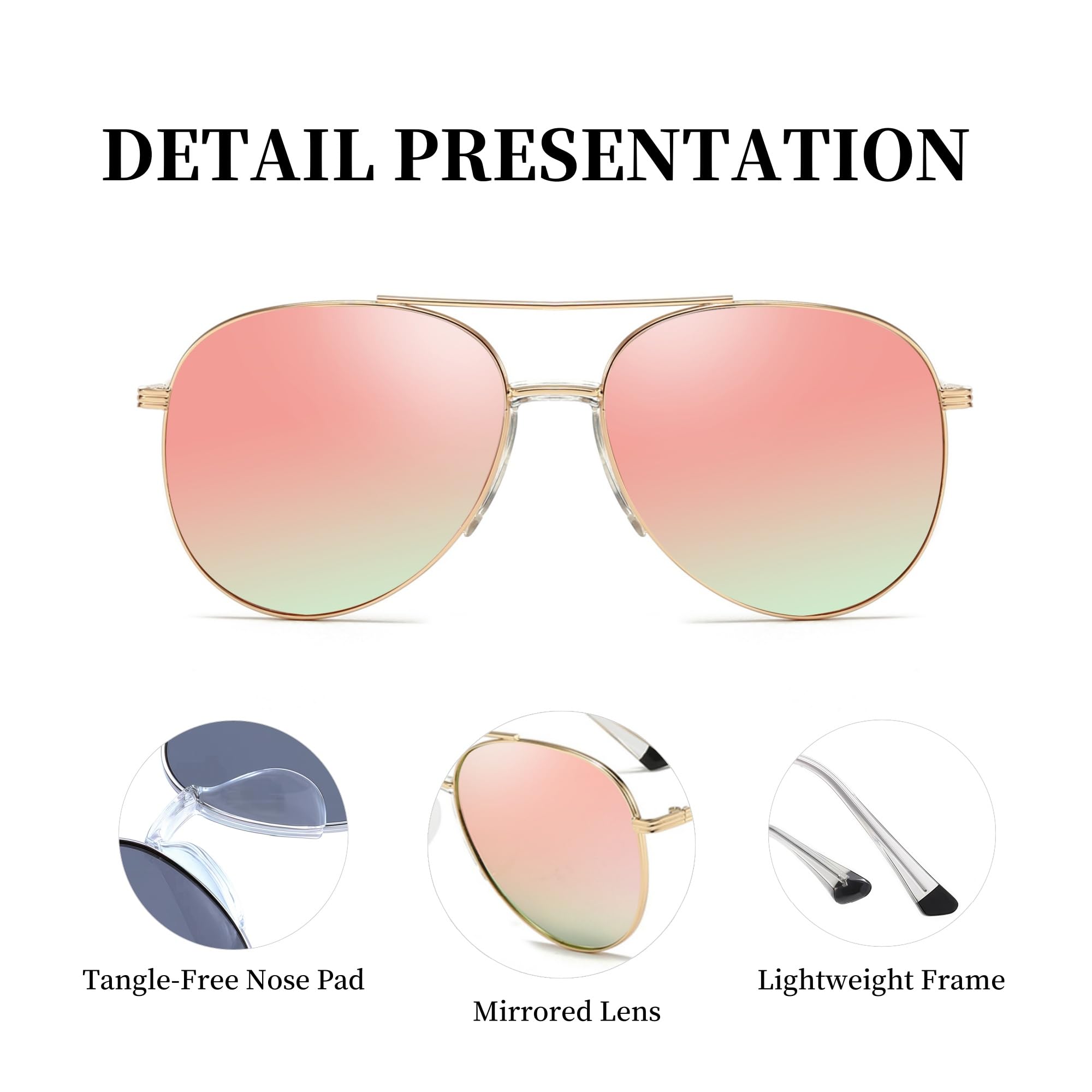 BOBUXLIIN Aviator Sunglasses for Women with UV 400 Protection Lens Womens Polarized Sunglasses Lightweight Metal Pilot Frame