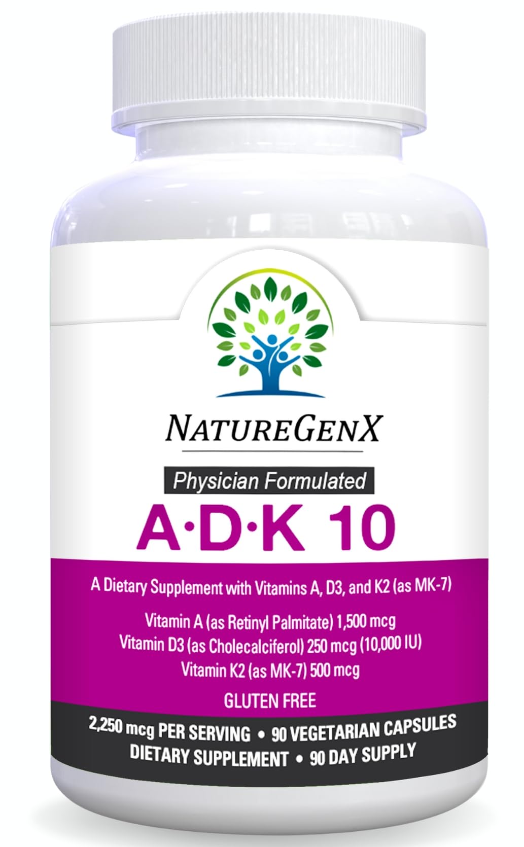 NatureGenX ADK 10 Supplement - Potent A, K2 & D3 Vitamin Supplement 10000 IU for Bone, Heart & Immune Support - 90 Count Easy-to-Swallow Vitamin ADK Supplement Capsules (3 Month Supply)