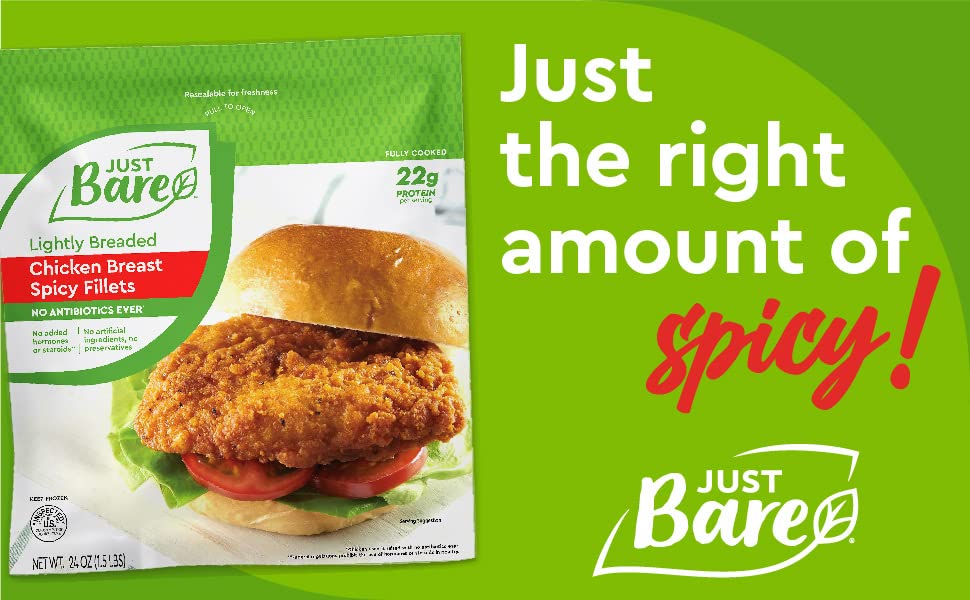 Just Bare® Chicken Lightly Breaded Spicy Breast Fillets | Fully Cooked |22 G Protein | Frozen |1.50 LB