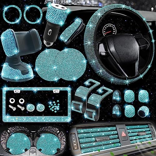 NBTEPEM 27 PCs Aquamrine Bling Car Accessories Set for Women, Steering Wheel Covers Universal Fit 15 Inch, Bling License Plate Frame, Bling Phone Holder, Bling Car Coasters (Aquamrine Diamond)