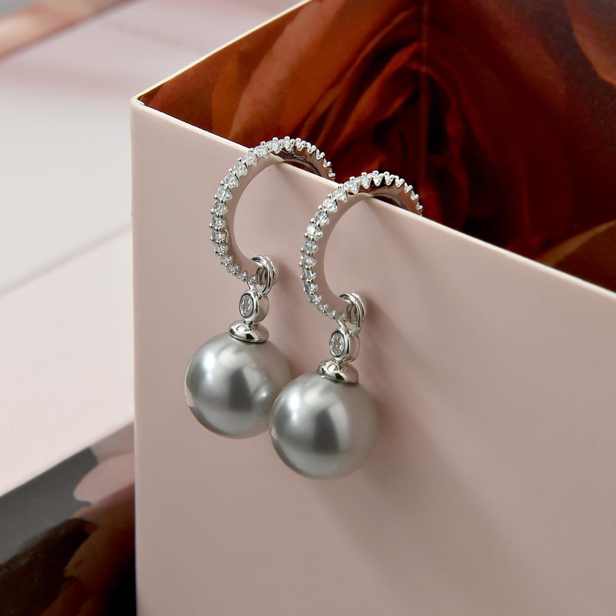 KZZENKI Grey Pearl Earrings for Women, Sterling Silver Post Drop Earrings, Open Hoop Peal Dangle Earrings Bridal Jewelry Gift