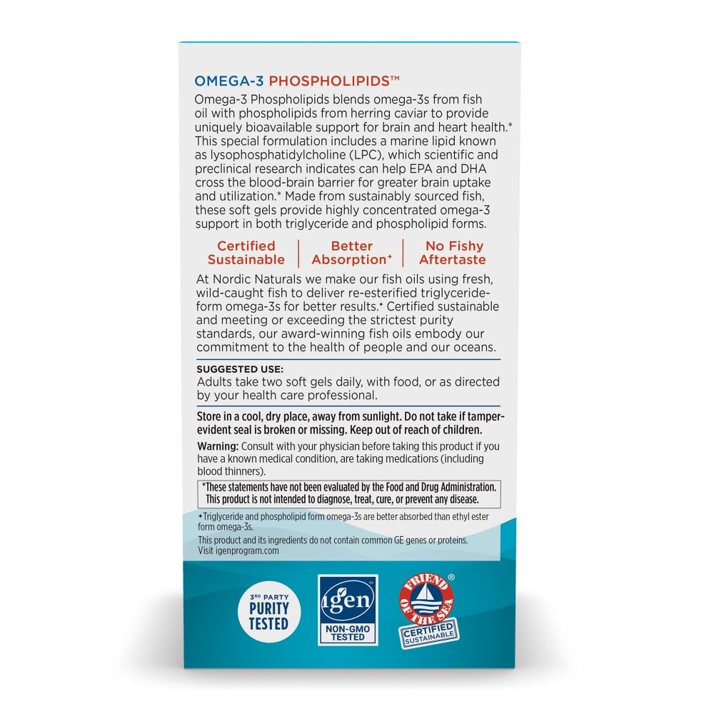 Nordic Naturals Omega-3 Phospholipids, Unflavored - 60 Soft Gels - 500 mg Omega-3 & 350 mg Phospholipids - Heart & Brain Health - Small, Easy-to-Swallow Soft Gels - Non-GMO - 30 Servings