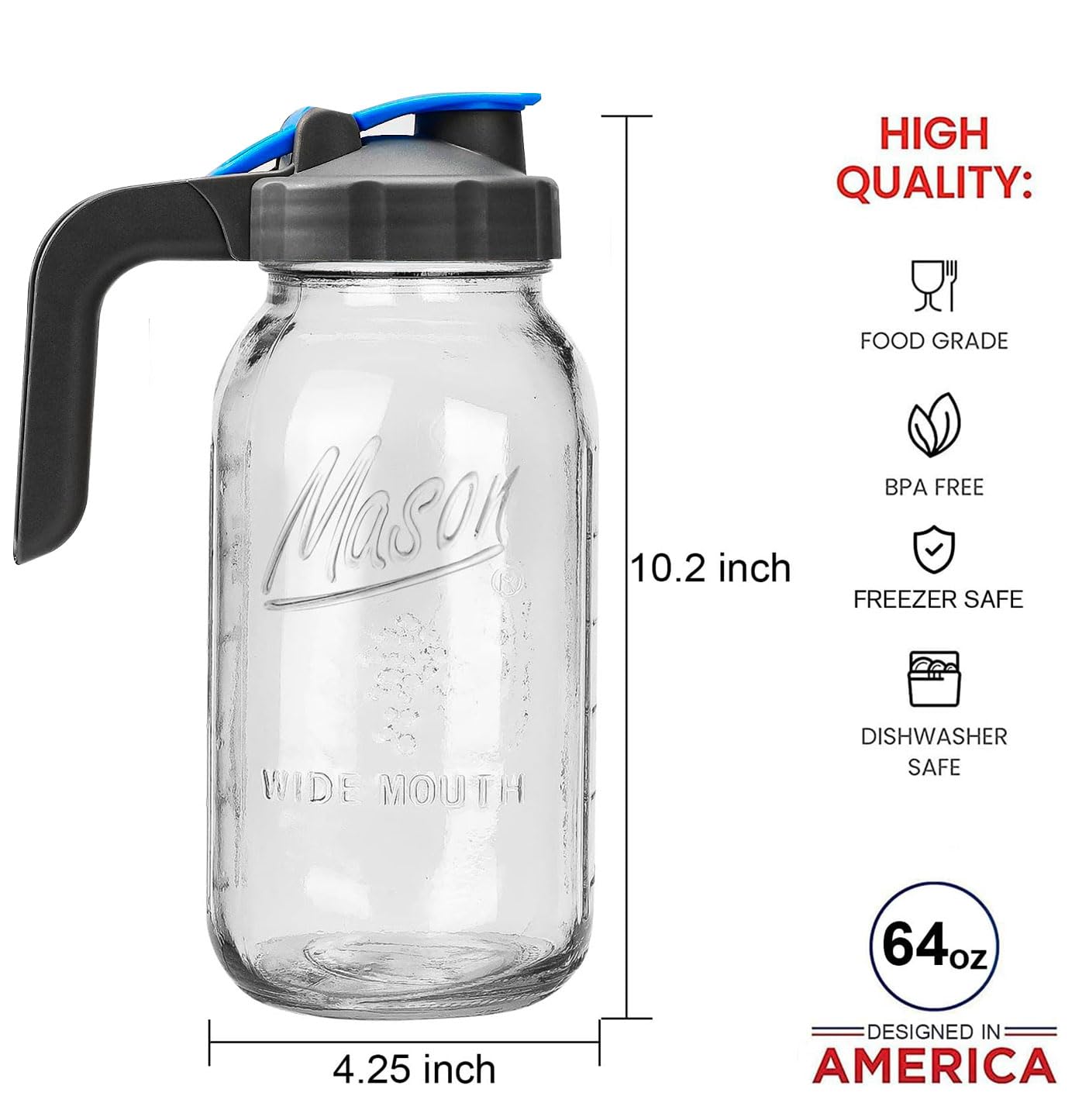 Half Gallon Mason Jar Pitcher Large Wide Mouth 64 oz with Lid - 2 Quart for Iced Tea, Sun Lemonade, Coffee, Airtight, Set of 1