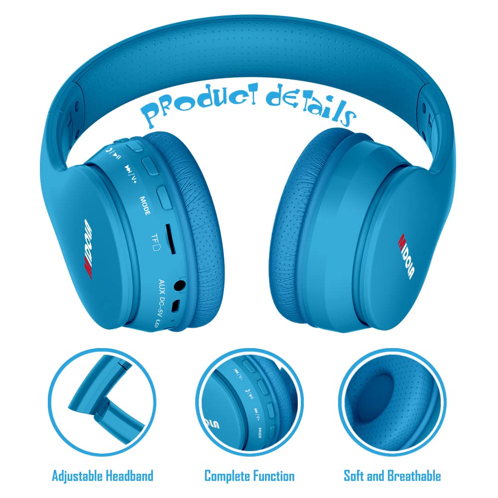 MIDOLA Kids Headphones Bluetooth 5.3 Wireless 60H Play Time Volume Limit 85/110dB Over Ear Foldable Protection Headset/Wired AUX Cord Mic for Children Boy Girl Travel School Phone Pad Tablet Blue