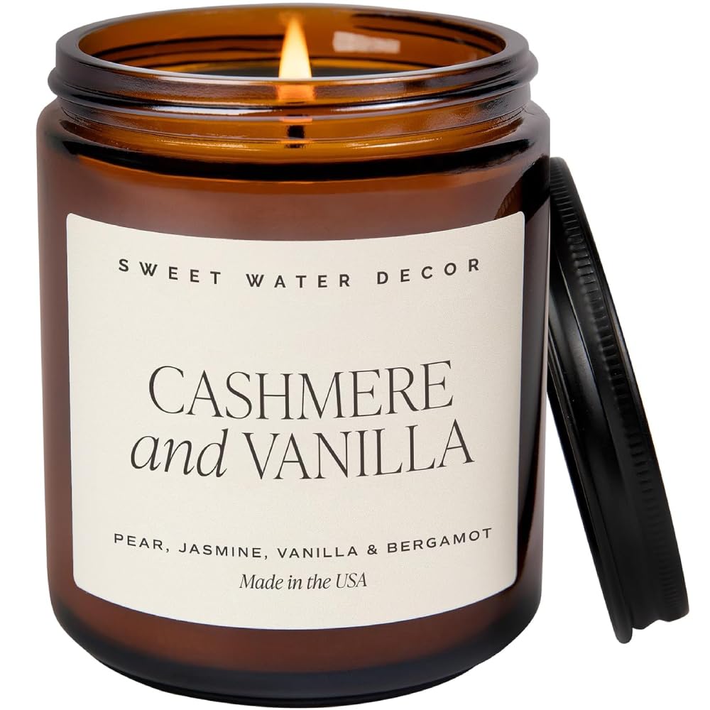 Sweet Water Decor Cashmere and Vanilla Soy Candle | Milky Coconut, Frangipani, and Soft Cashmere Scented Candles for Home | 9oz Amber Jar + Black Lid, 40+ Hour Burn Time, Made in the USA