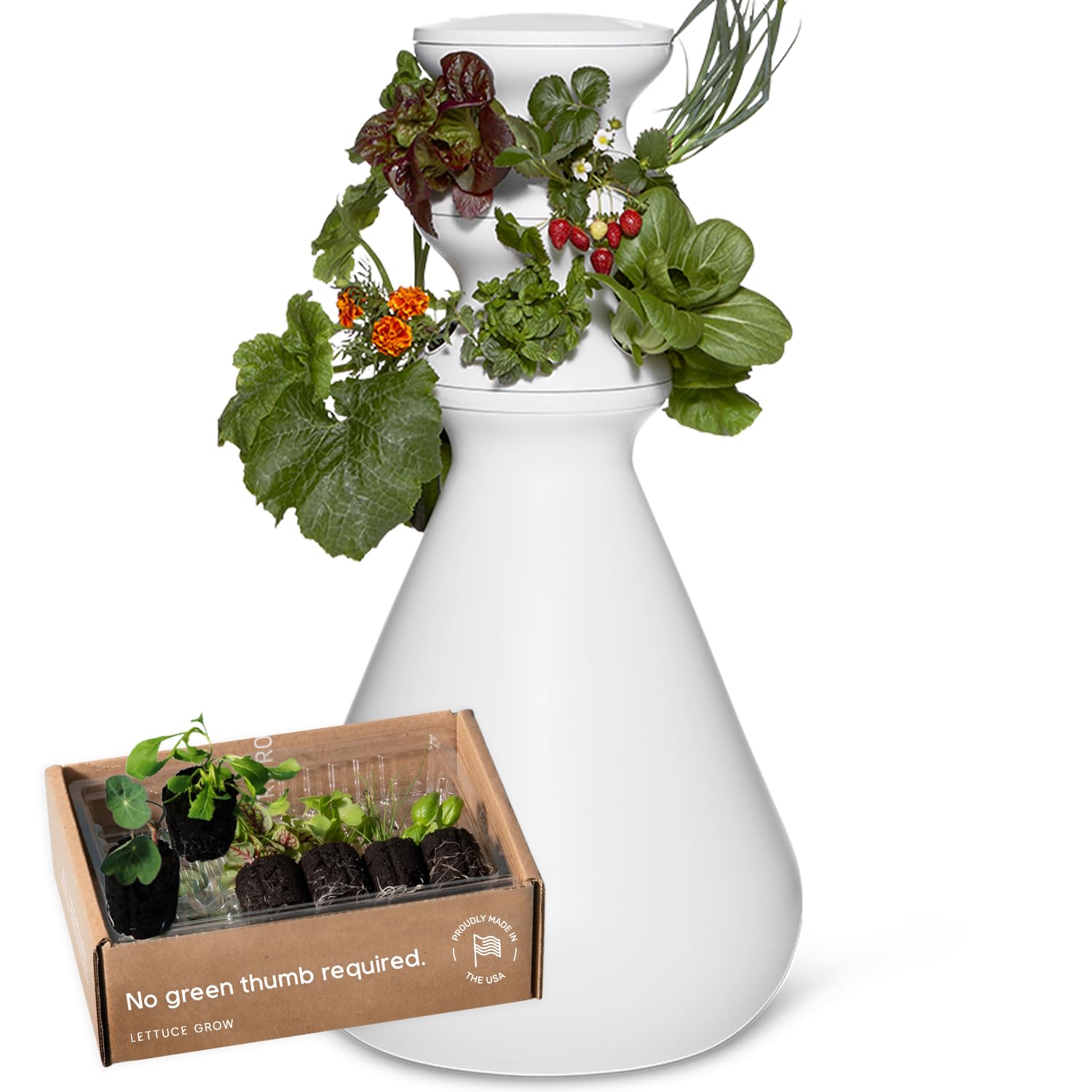 Lettuce Grow Farmstand Starter Kit + Seedlings | Tiny Hydroponic Growing System Kit | Self-Watering Outdoor Vertical Garden Planter Tower with 12 Pre-Grown Plants | 3ft 8in | Made in USA