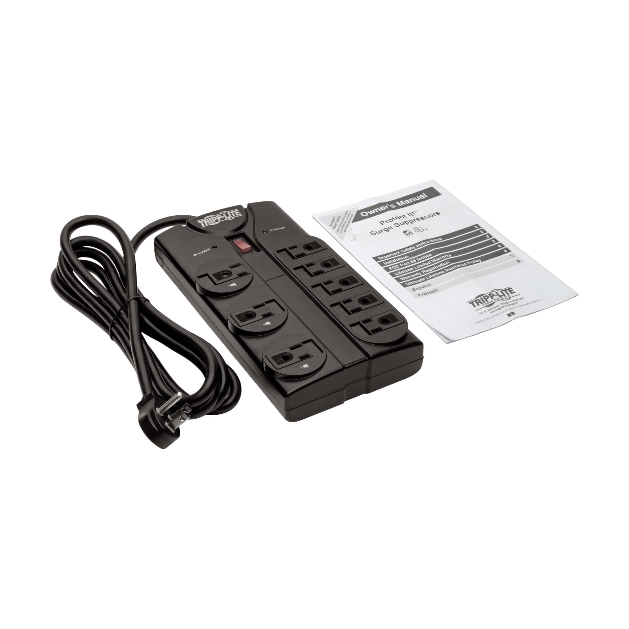 Tripp Lite TLP808B 8 Outlet Surge Protector Power Strip, 8ft Cord Right Angle Plug, Black, Lifetime Insurance