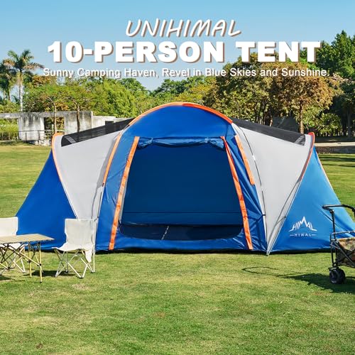 UNIHIMAL Tents for Camping, Waterproof 10 Person Family Tent with Double Layer & 4 Large Mesh Windows, Weather Resistant Easy Setup 2 Room Big Tent for Music Festival, Parties, 18 X 9 X 6.8Ft(Blue)