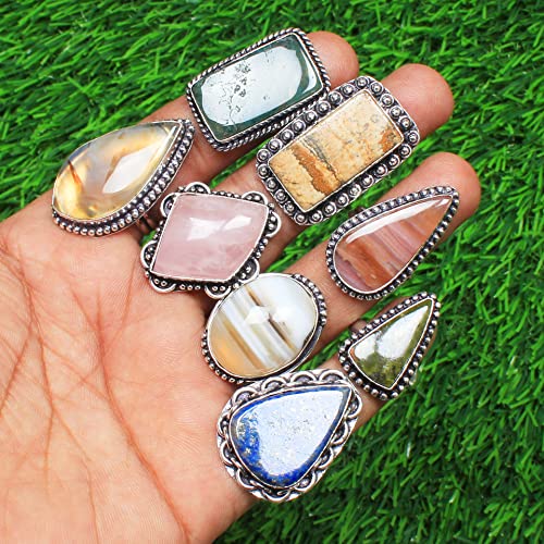 Carats Chunky Silver Rings Pack for Women - 10 Pcs - Stackable Fashion Ring Set, Silver Plated Statement Knuckle Handmade Gemstone Gothic Vintage Rings for Women