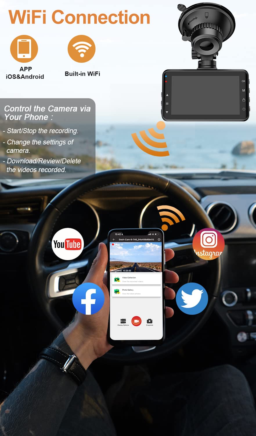 Penemay Dash Cam Front and Rear 4k WiFi, 3 Inch Dash Camera for Cars with 1080P Rear Camera, Dual Dash Cam Included 64GB Card, Dashboard Camera with Night Vision, Parking Monitor