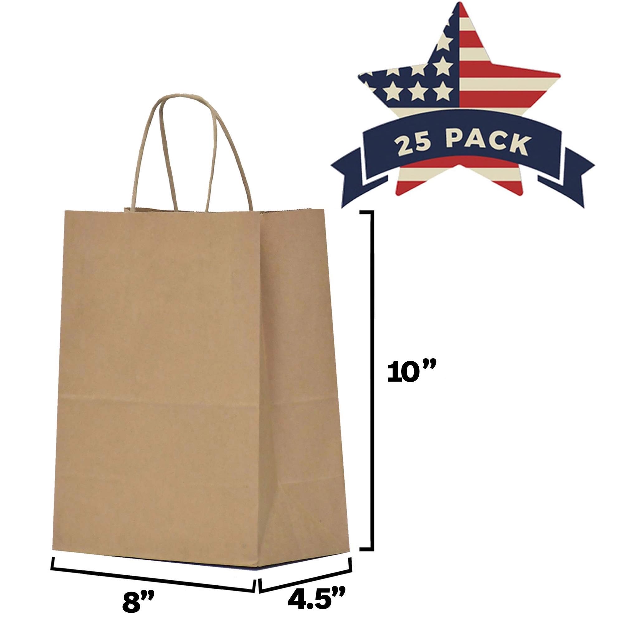 Qutuus Kraft Paper Gift Bags with Handles - 8x4.5x10 25Pcs Brown Shopping Bags for Parties, Favors, Businesses