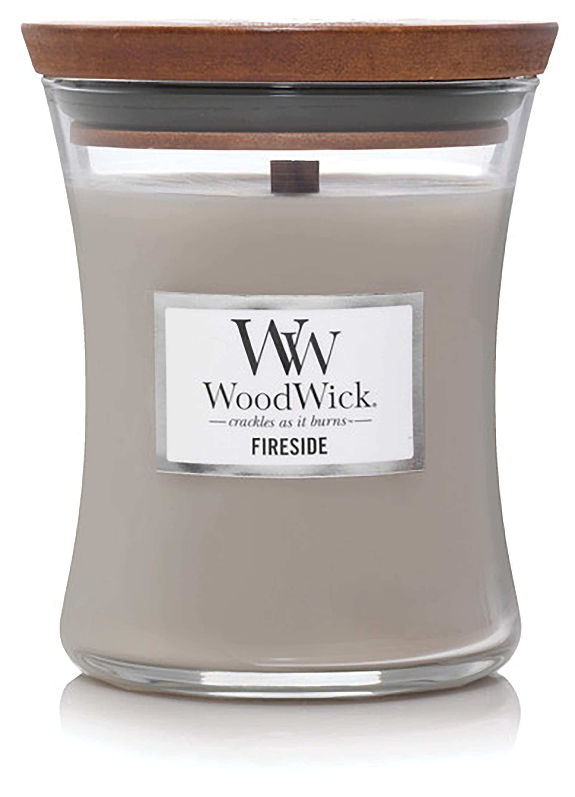 WoodWick Medium Hourglass Candle, Fireside Scent, Premium Soy Blend Wax, Pluswick Innovation Wood Wick, 10oz, Perfect for creating a cozy ambiance