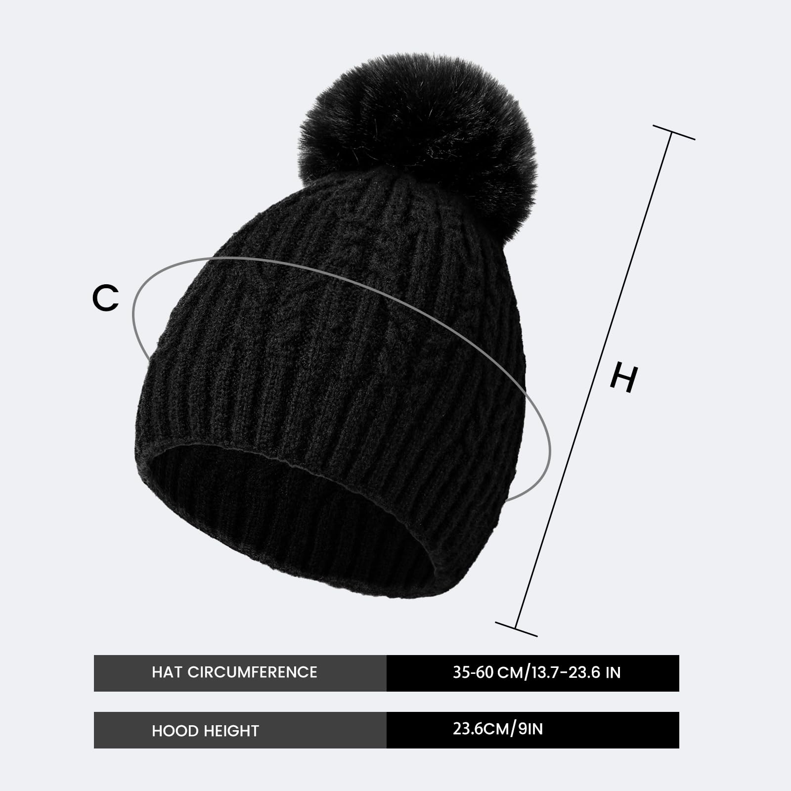Loiyadn Women's Winter Beanies - Knit Beanie Hats with Faux Fur, Soft and Warm - Black