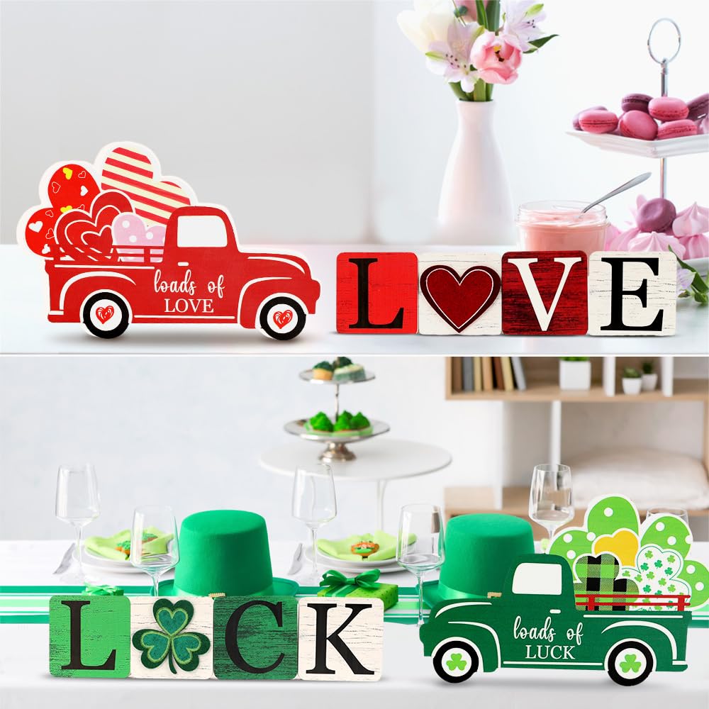 AKEROCK Valentines Day Decor/St.Patricks Day Decorations, Double Sided Wooden "LOVE" / "LUCK" Blocks & Truck Sign for Table, Desk, Mantel Decor - Valentines Day Decorations for the Home