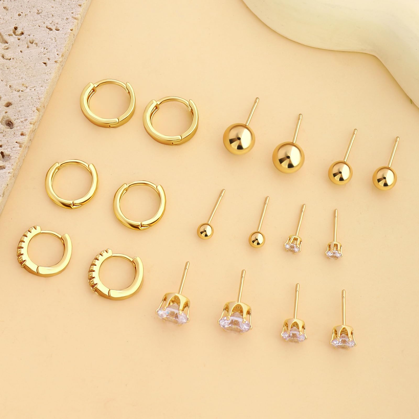 Earring Sets for Multiple Piercing, Gold Studs Earrings for Women Flat Back Stud Earrings Huggie Hoop Earrings Set Hypoallergenic 14K Gold Plated Earrings Lightweight Small Cubic Zirconia Gold Ball Cartilage Studs Earrings for Women Girls Men