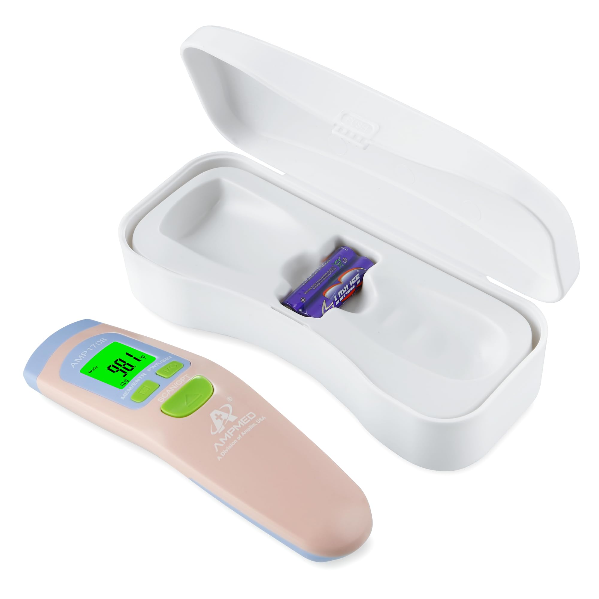 Amplim Ampmed Non Contact/No Touch Digital Forehead Thermometer for Adults, Kids, and Babies, Touchless Temporal Thermometer with Storage Case. FSA HSA Approved - Pink