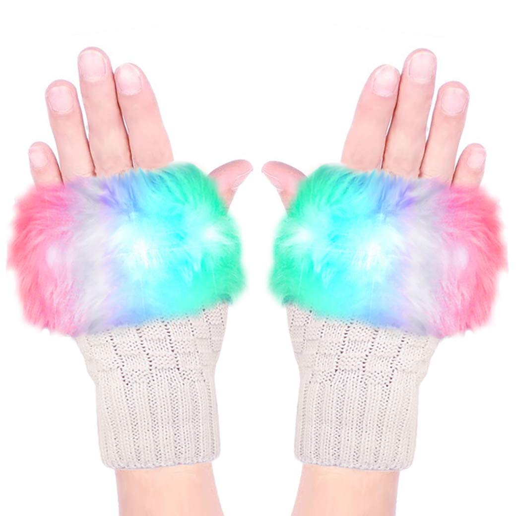 Luwint LED Glow Blink Fur Fingerless Knit Gloves - Funny Light Up Mitten for Party Christmas Halloween Costume