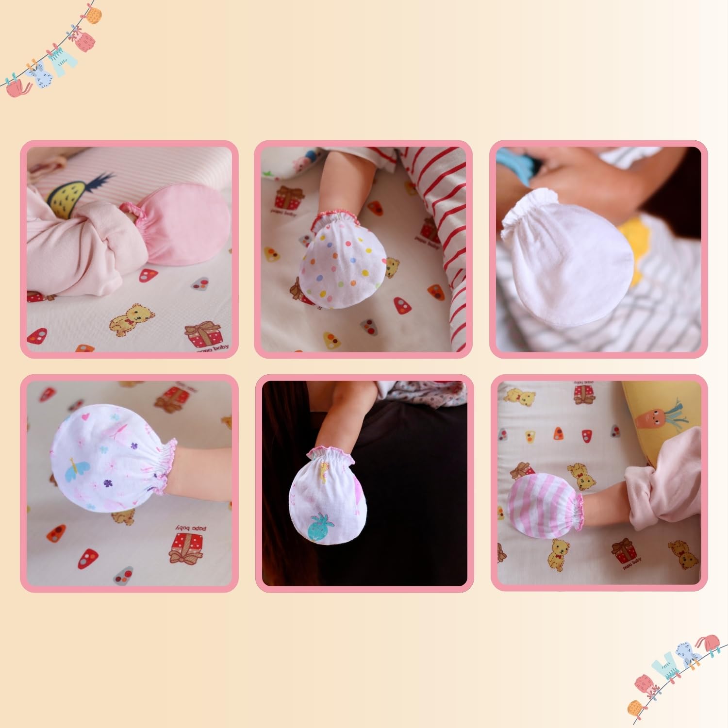 RATIVE Newborn Baby Hand Cotton Gloves Sleep Sleeping No Scratch Mitten Mittens Mitts Set for 0-3 0-6 Months Boy Boys Girl Girls (6 Pairs/g46)