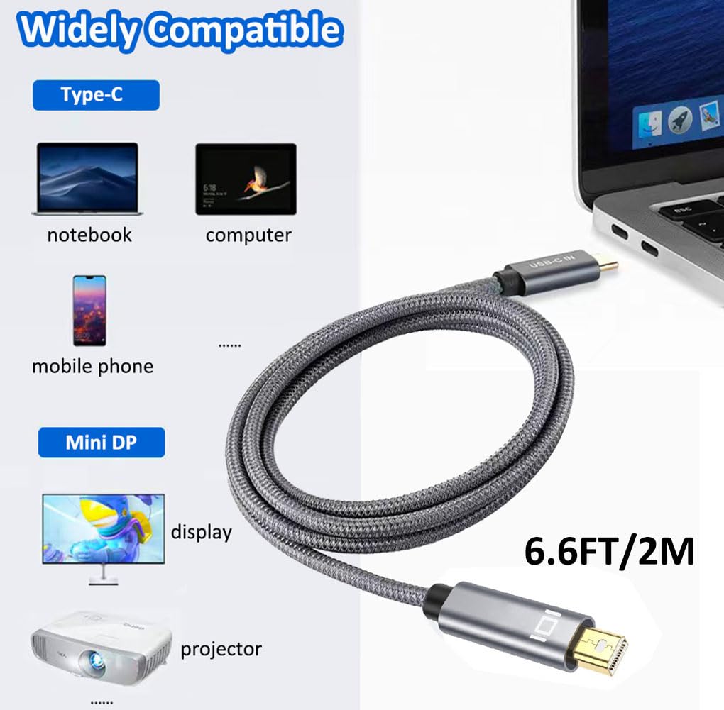 MOBKAJUI USB C to Mini DisplayPort Cable, Thunderbolt 3 Cable to Mini DP 6.6FT/2m, Compatible for MacBook Pro/Air 2024-2016, Surface Book2, Galaxy S21/9/10/20 (NOT for Thunderbolt 2)