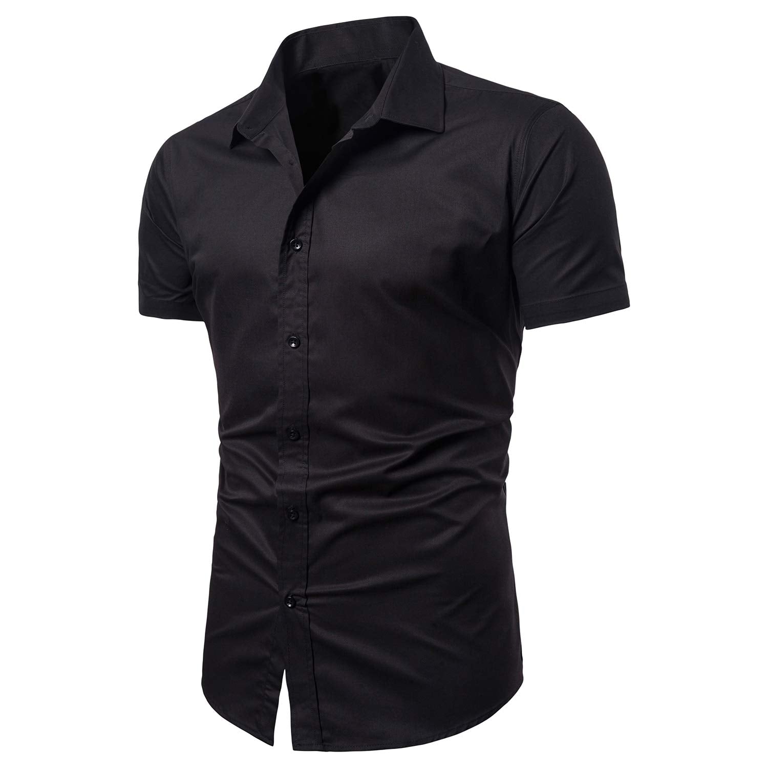 LOCALMODE Men's Slim Fit Cotton Business Casual Shirt Solid Short Sleeve Button Down Dress Shirts (Large, Black)…