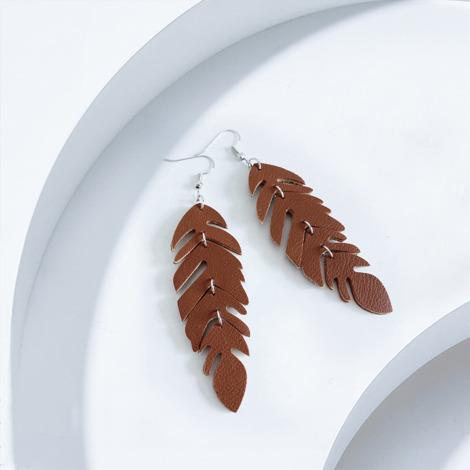 WUWEIJIAJIA Handmade Unique Lightweight Bohemian Genuine Leather Leaf Dangle Drop Earrings Dainty Sparkly Chain Feather Hook Earring for Women Statement (Brown)