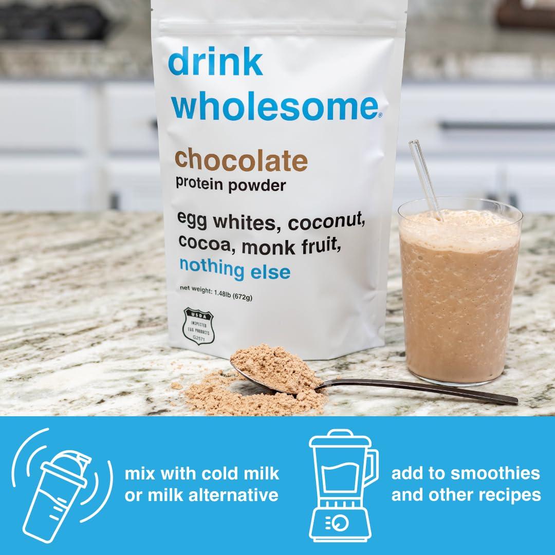 drink wholesome Chocolate Egg White Protein Powder | for Sensitive Stomachs | Gut Friendly | Dairy & Lactose Free | No Artificial Sweeteners | Carnivore & Paleo | Safe for Kids & Seniors