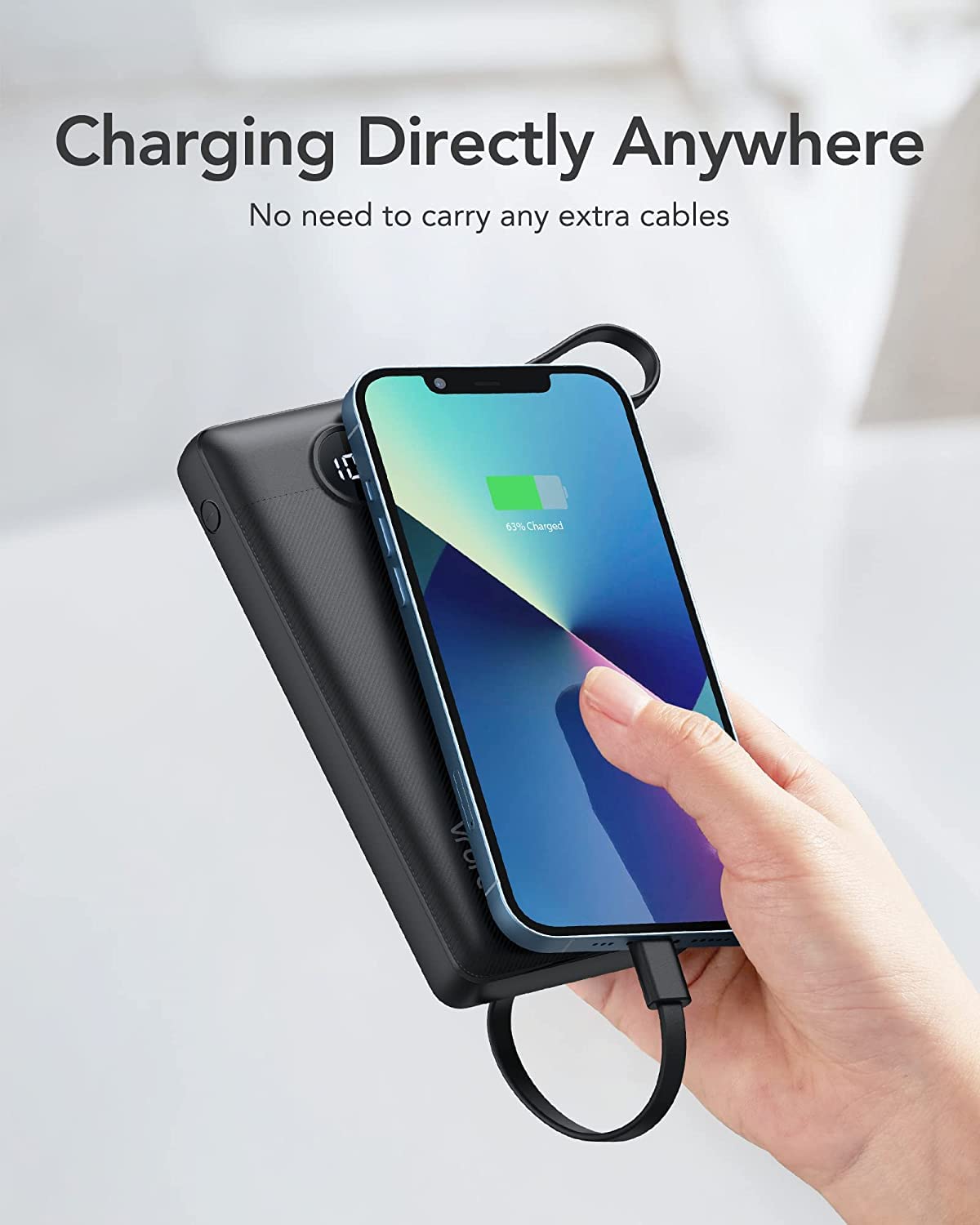 VRURC Portable Charger with Built in Cables, 10000mAh Slim USB C Power Bank,5 Output 2 Input LED Display External Battery Pack Phone Charger Compatible with iPhone,Samsung,Android-Black(1 Pack)