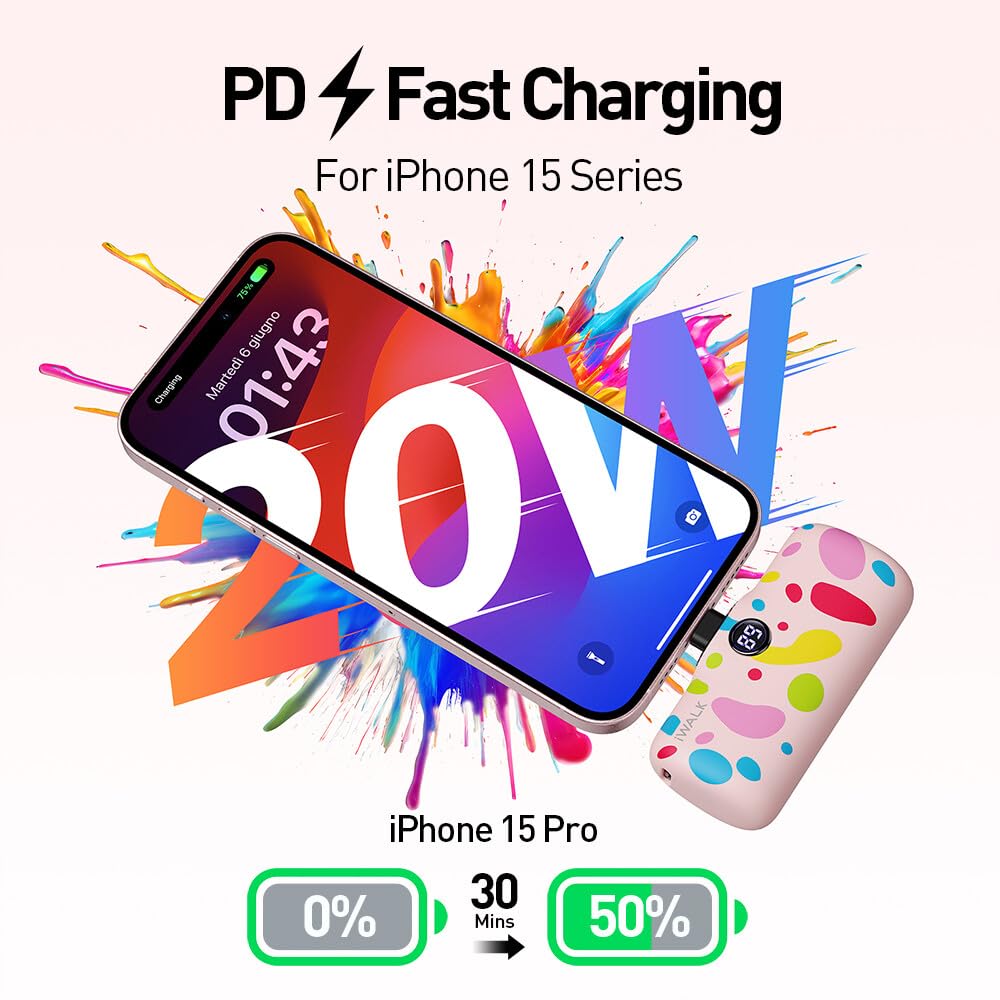 iWALK USB-C Portable Charger with Colorful Pattern, 20W PD Fast Charging 4800mAh Small Power Bank with LED Display, Compatible with iPhone 15/15 Plus/15 Pro/15 Pro Max, iPad, Airpods, Pink