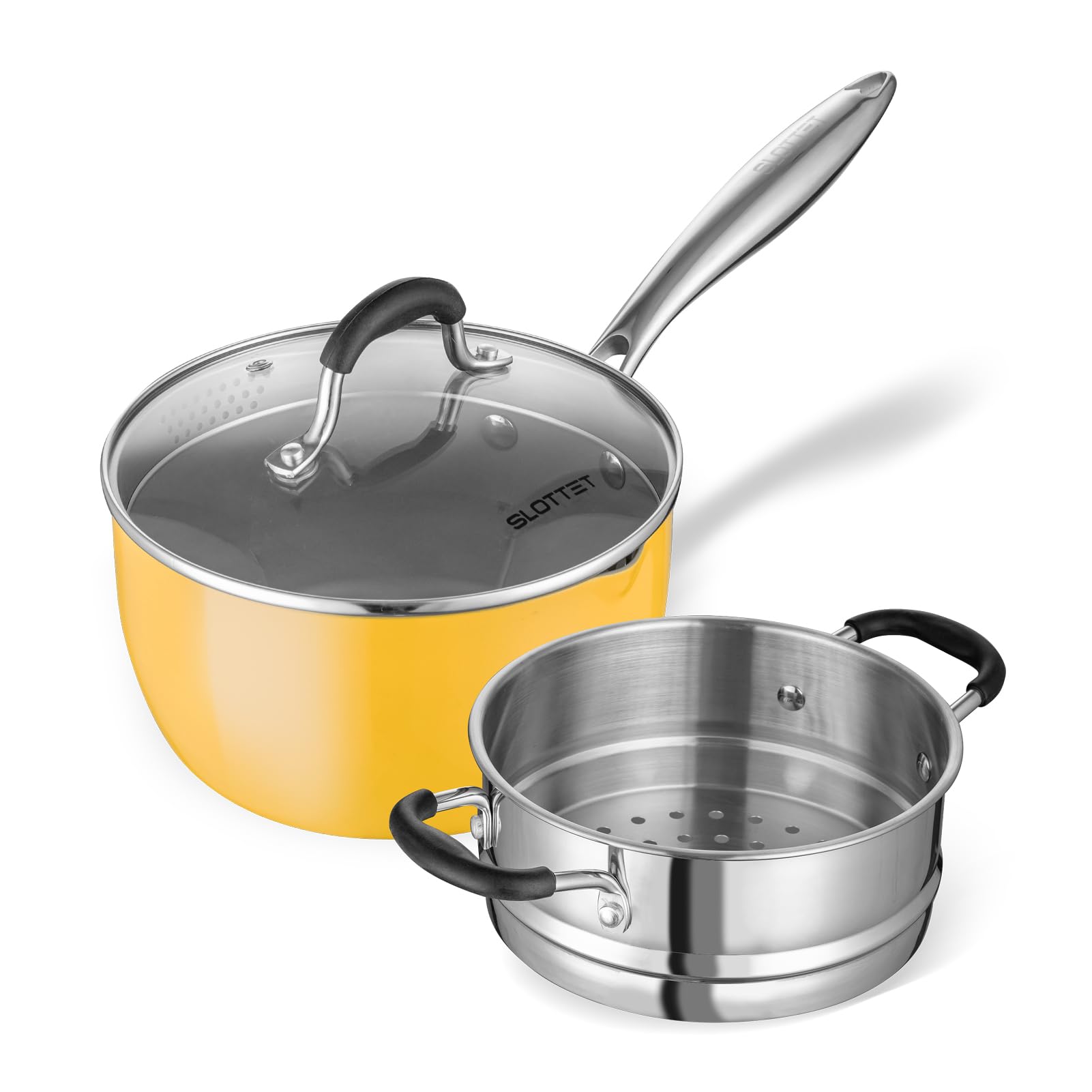 SLOTTET Ceramic Nonstick Tri-Ply Stainless Steel Sauce Pan with Steamer,2.5 Quart Small Multipurpose Pot with Pour Spout,Strainer Glass Lid, 2qt Saucepan for Cooking with Stay-cool Handle,Yellow