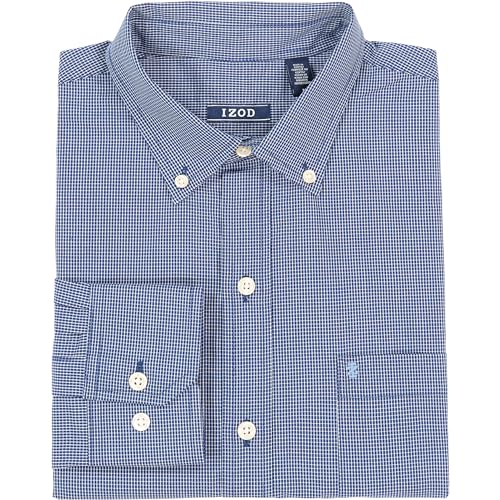 IZOD Men's Premium Performance Natural Stretch Check Long Sleeve Shirt (Regular and Slim Fit) Basic Estate Blue, Large