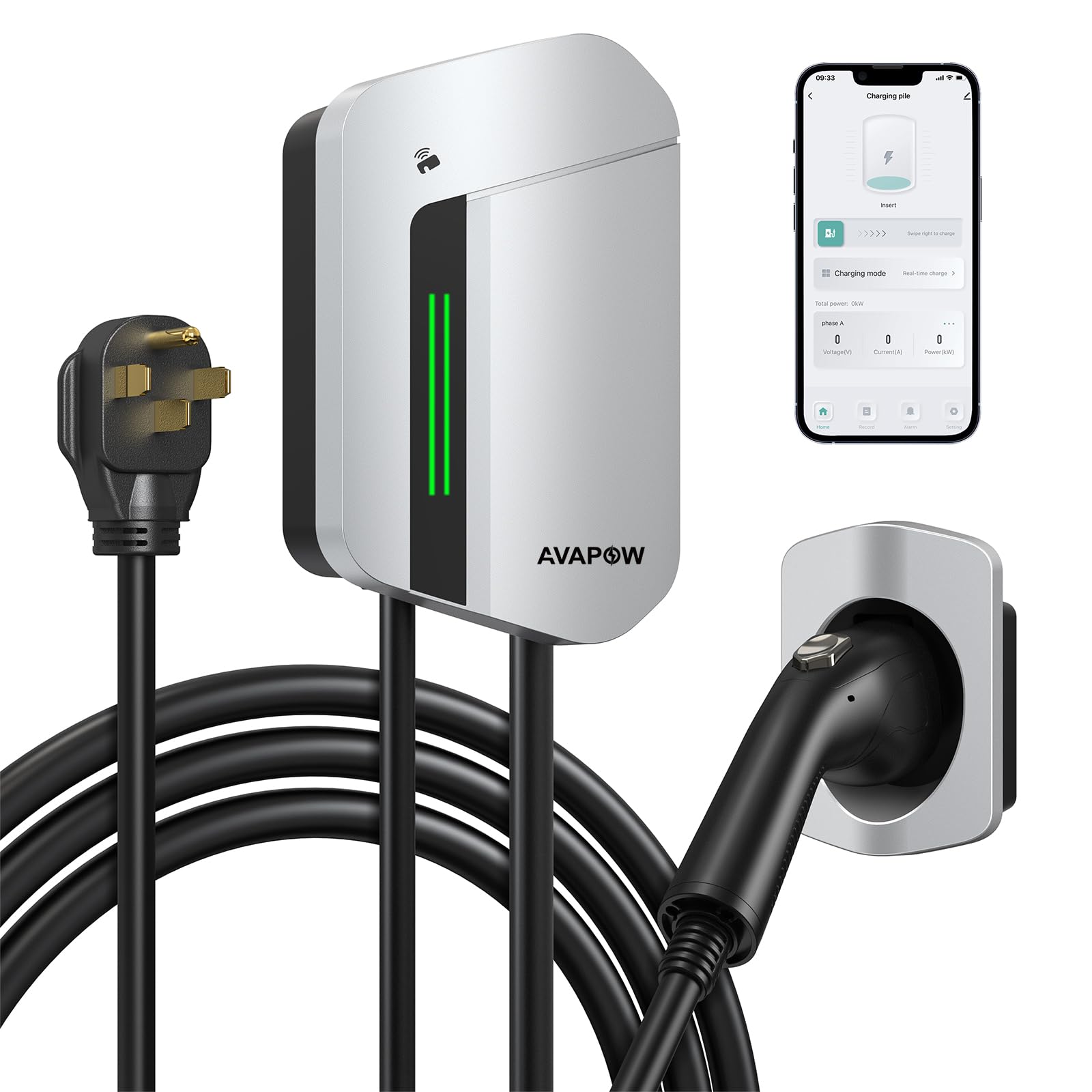 AVAPOW Level 2 EV Charger, Up to 48amp with App Control, 25ft Wall Electric Vehicle Charging, Set Current, Delay Charging, RFID Unlocking, NEMA 14-50 Plug, Electric Car Charger Fit for J1772 EVs