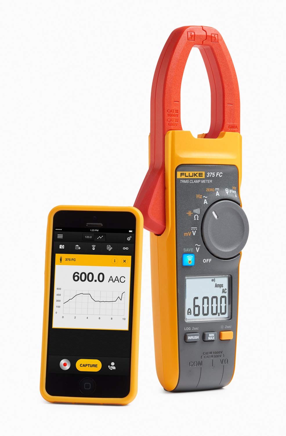 Fluke 375 FC True-RMS AC/DC Clamp Meter, Measures AC/DC Current To 600 A and AC/DC Voltage To 1000 V, CAT III 1000 V, CAT IV 600 V Safety Rating, Includes Batteries and Soft Carrying Case