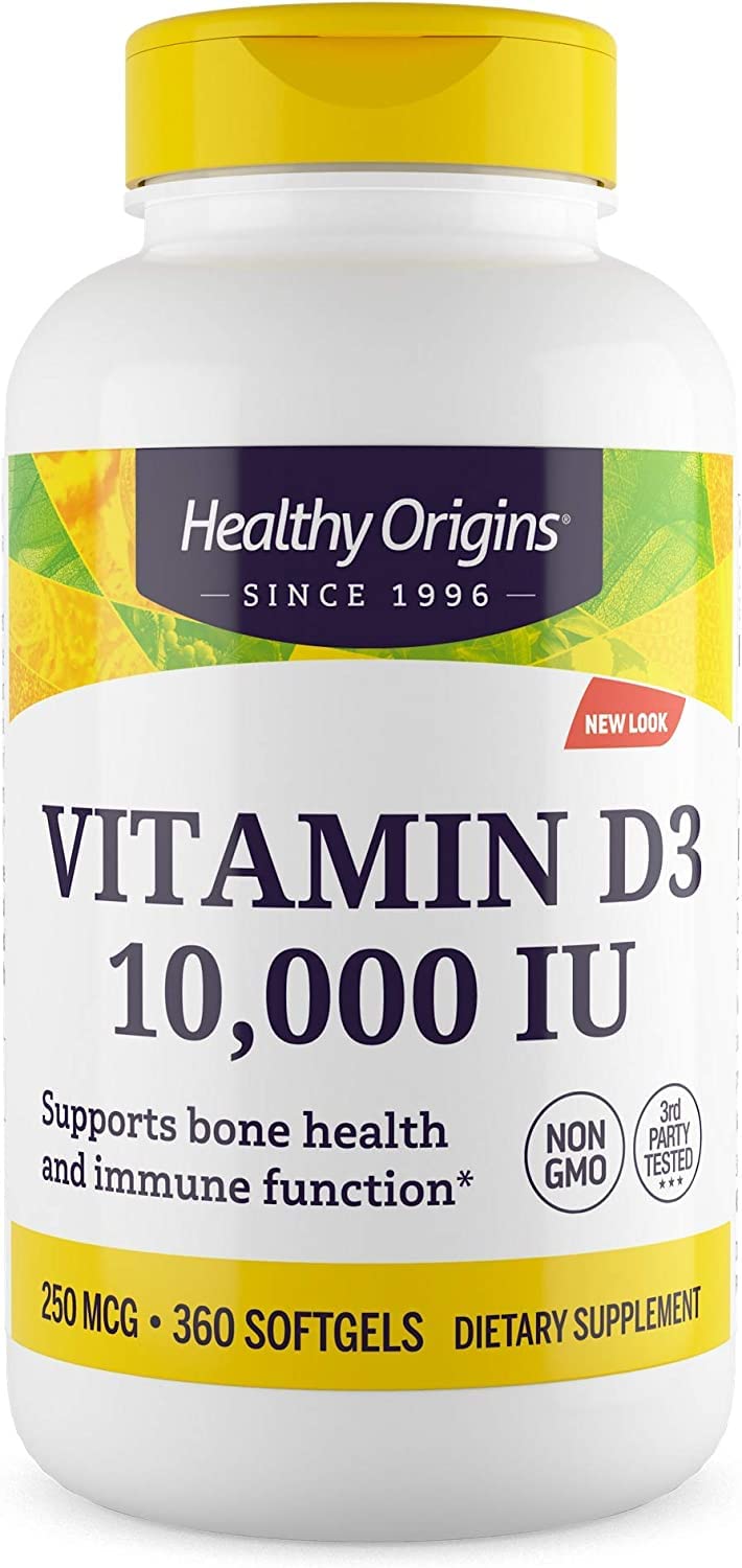 Healthy Origins Vitamin D3 (Lanolin) 10,000 IU Softgel - Bone Health and Immune Support Supplement - Easily Absorbable Vitamin D Supplements - Gluten-Free Vitamin D3 Supplement - 360 Softgels