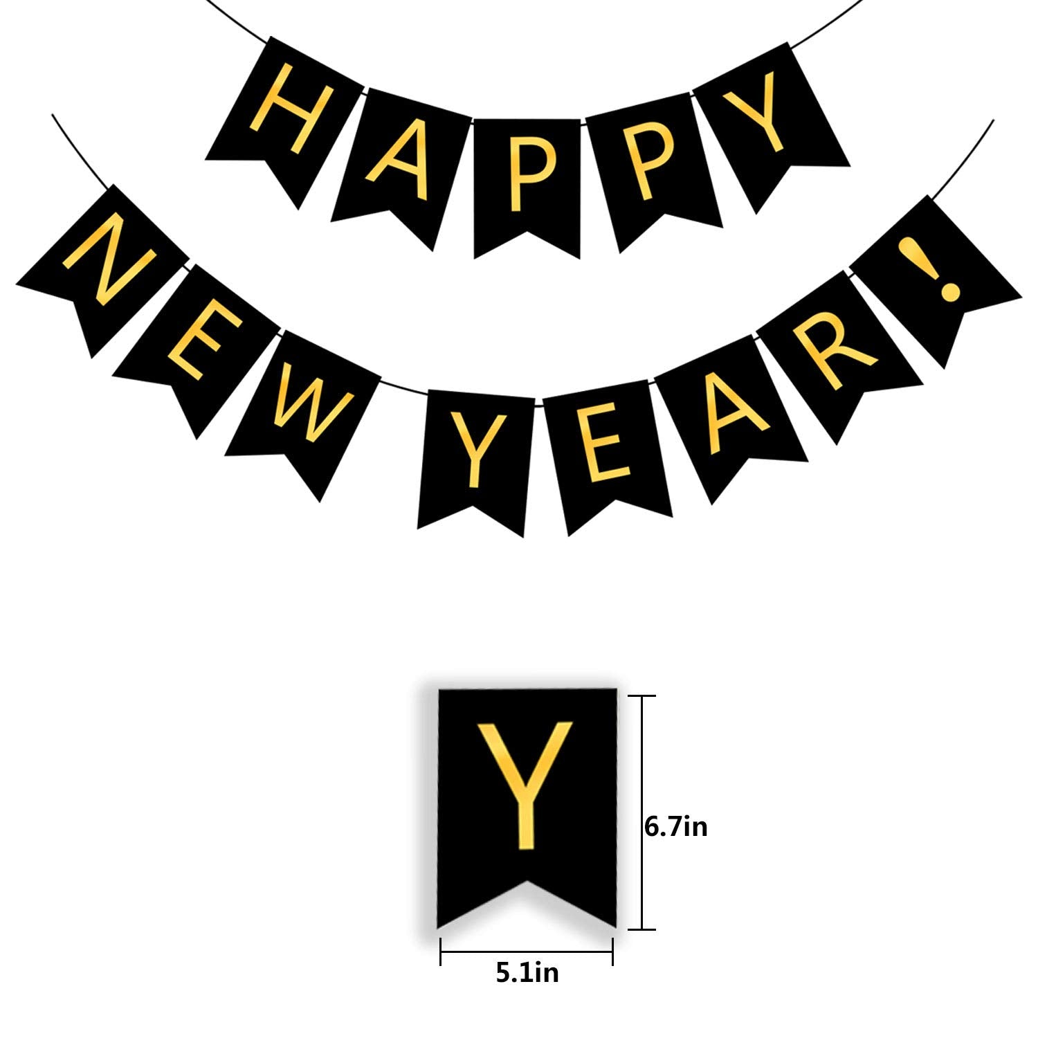 FECEDY Happy New Year Banner Black Bunting with Gold Alphabet for New Year Party Supplier Eve Party Decorations