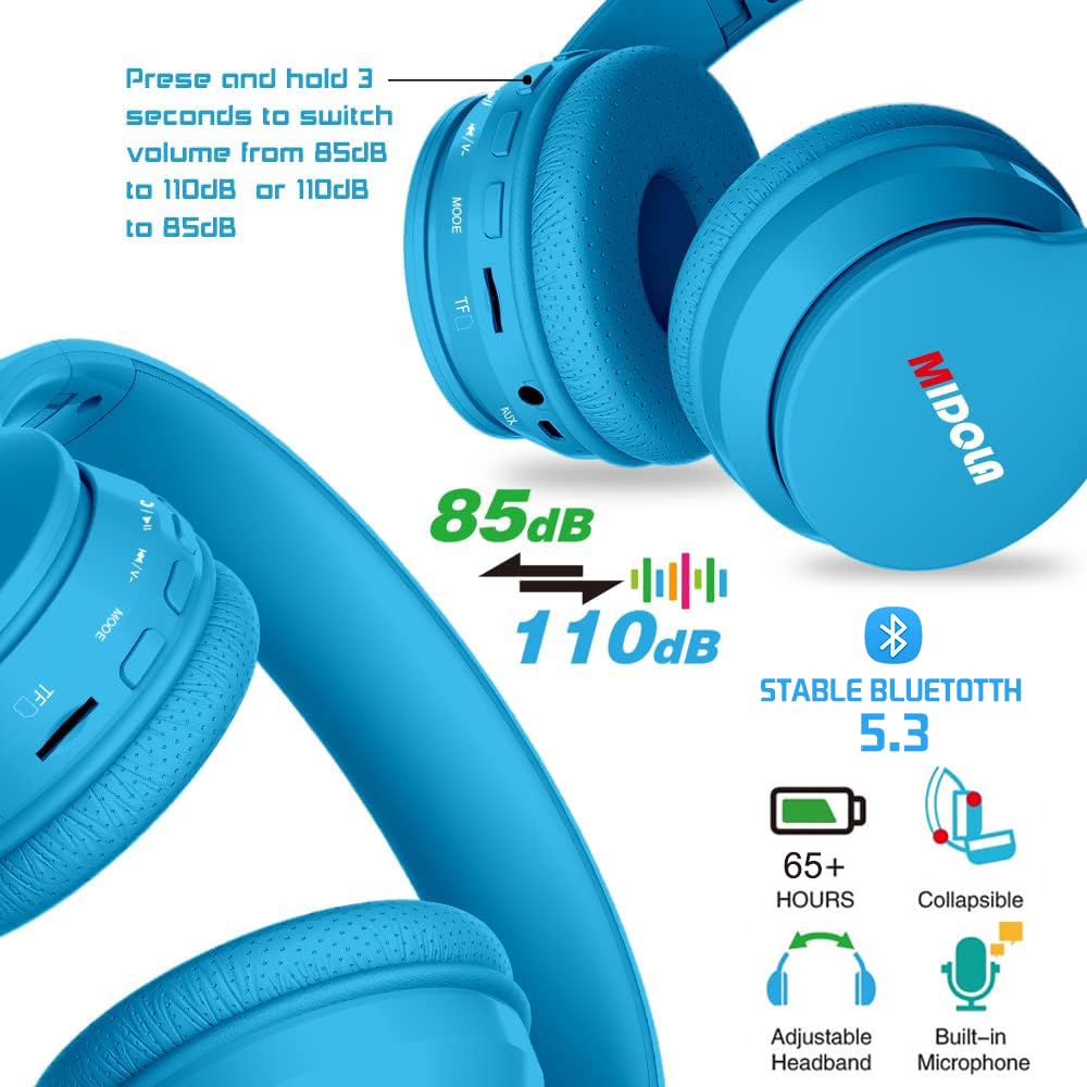 MIDOLA Kids Headphones Bluetooth 5.3 Wireless 60H Play Time Volume Limit 85/110dB Over Ear Foldable Protection Headset/Wired AUX Cord Mic for Children Boy Girl Travel School Phone Pad Tablet Blue
