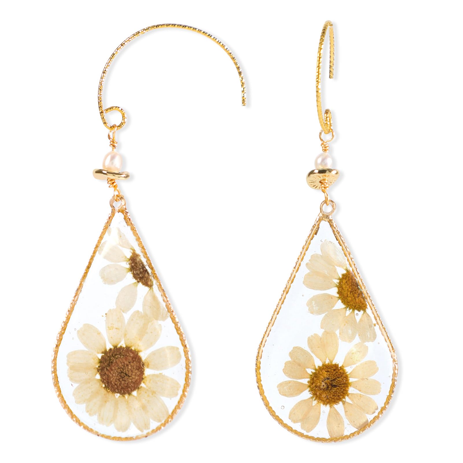 Lylata Pressed Flower Handmade Dangle Earrings, Dried Daisy Resin Teardrop Earrings, Decorated with Pearl, Gold Plated Brass, Gift for Women Girls