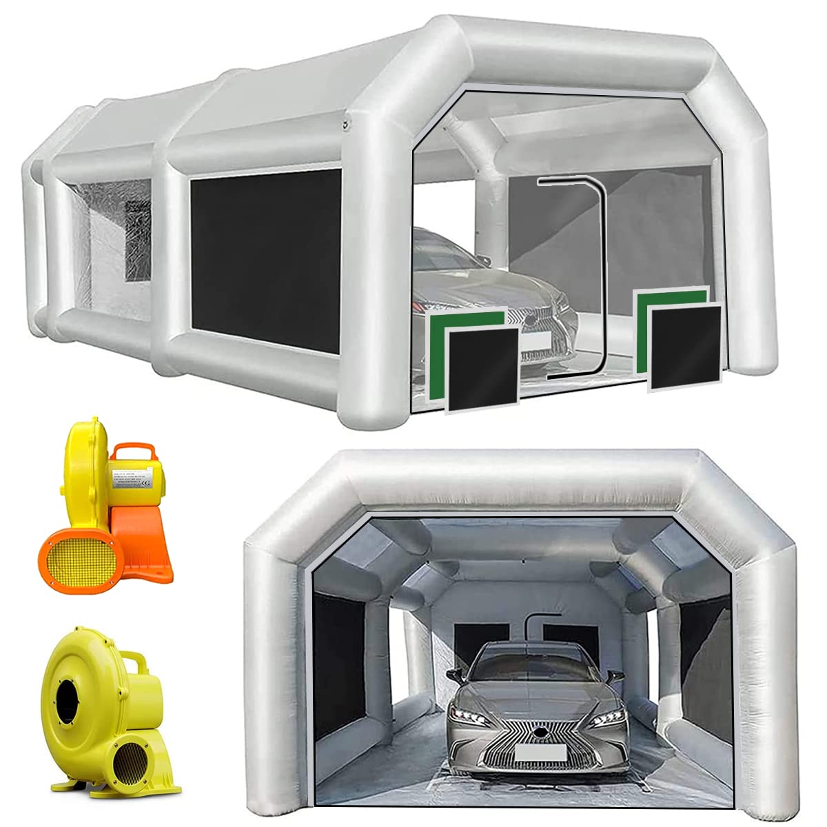 Inflatable Spray Booth 23x13x10FT with 950W+750W blowers, Portable Paint Booth with Air Exchange System for Cars, Auto Parts and Other Items Painting