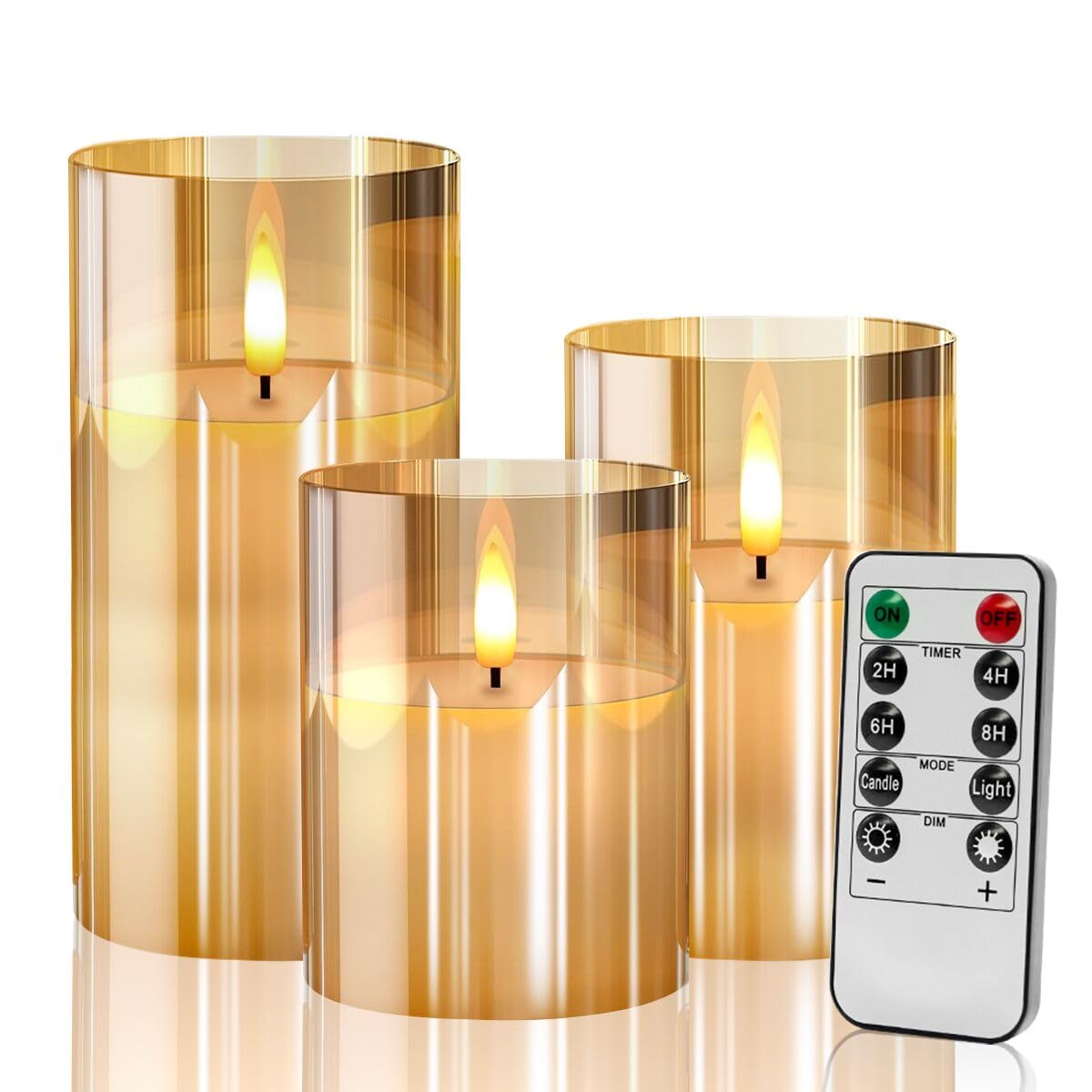 Gold Glass Flameless Candles Flickering with Remote, Timer, Battery Operated Moving Wick Realistic Warm Light Real Wax LED Candles for Party, Wedding, Festival Tabletop Decoration - Set of 3