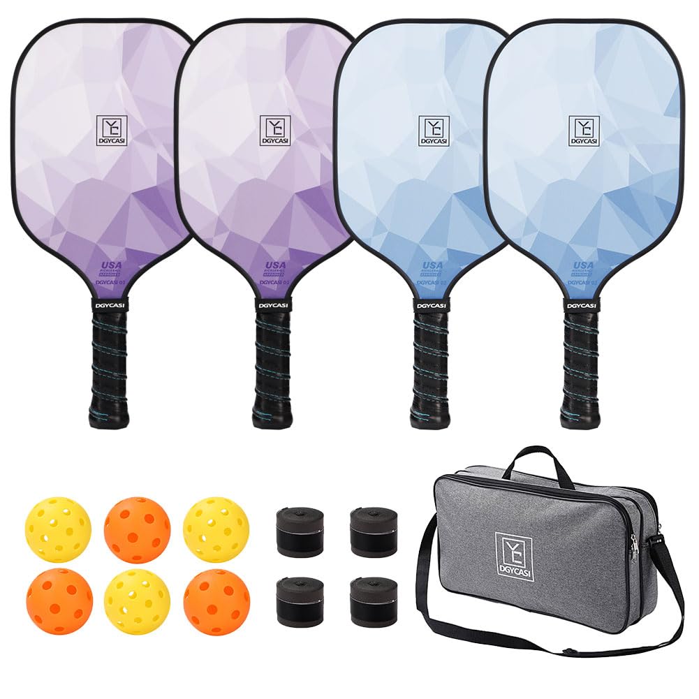 Pickleball Paddles Set of 4, USAPA Approved, Fiberglass Surface (CHS), Polypropylene Lightweight Honeycomb Core, 3 Outdoor Pickleball, 3 Indoor Pickleball, 4 Replacement Soft Grip, Pickleball Bag