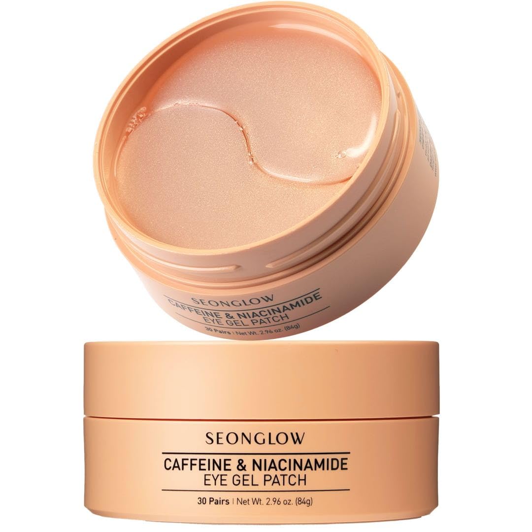 SEONGLOW Caffeine Under Eye Patches: 30 Pairs Korean Hydrogel Eye Masks for Dark Circles Puffiness Relief with Niacinamide Hyaluronic Acid - Undereye Brightening Hydrating Anti-Wrinkle Treatment