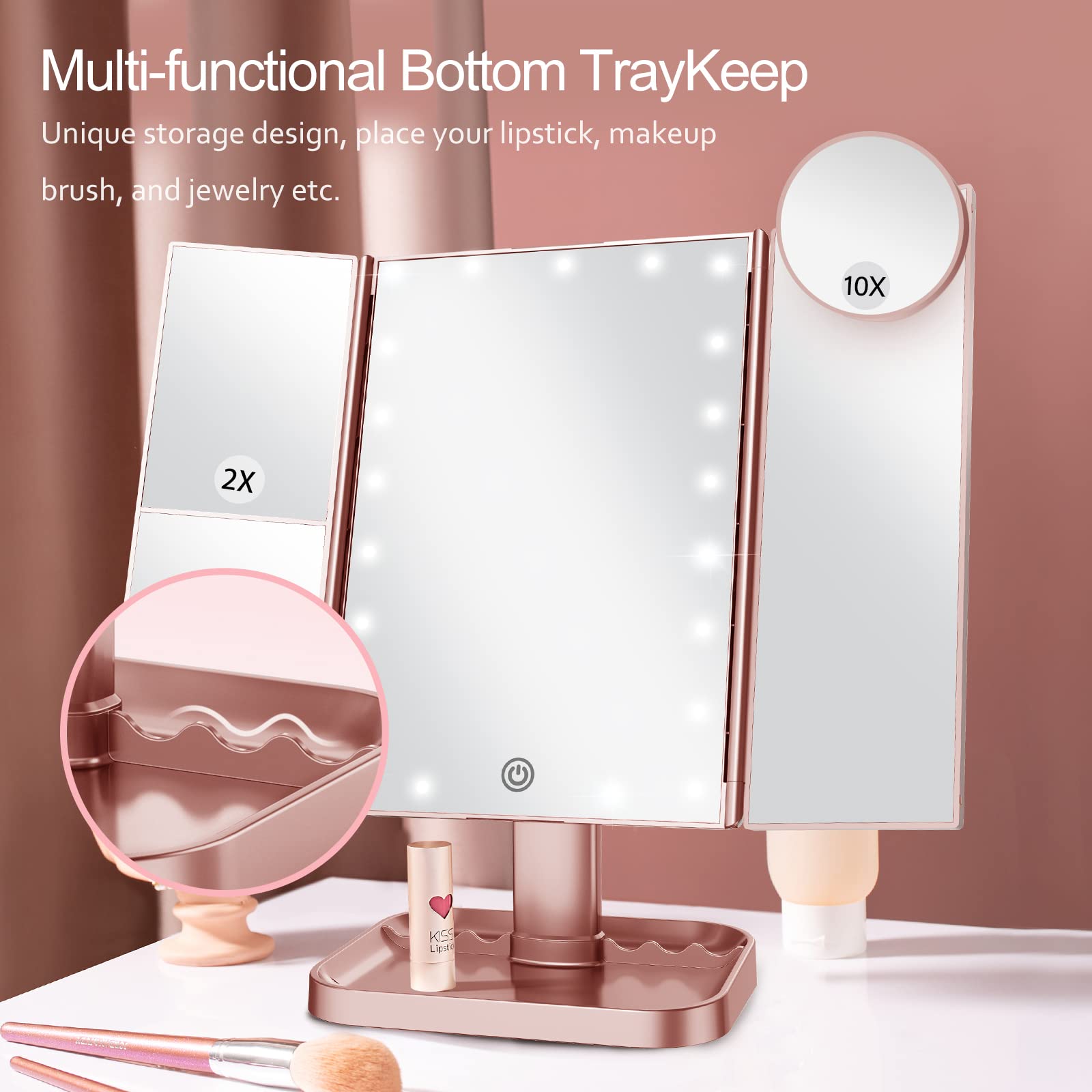 HUONUL Makeup Mirror Vanity Mirror with Lights, 2X 3X 10X Magnification, Lighted Makeup Mirror, Touch Control, Trifold Makeup Mirror, Dual Power Supply, Portable LED Mirror, Women Gift (Rose Gold)